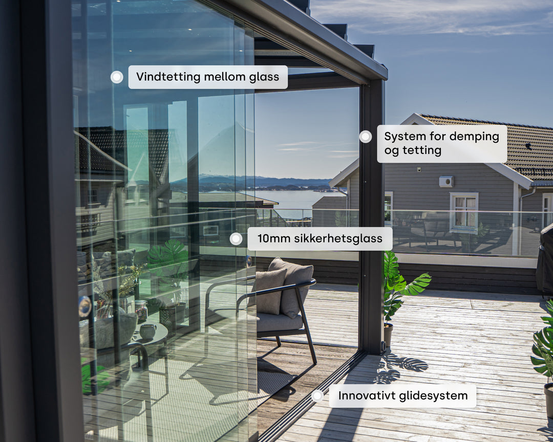 Pergolux crystal innglasset utestue innovative skyveglass løsninger