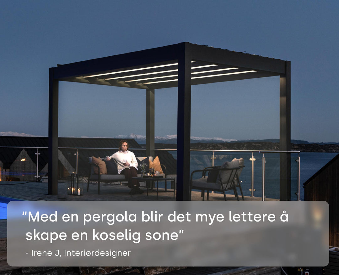 Pergolux skydance i nattlys med LED lys med positiv kommentar fra kunde