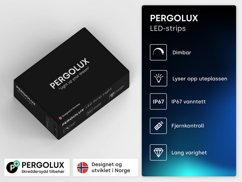 Pergolux LED lys, RGB, varm og kald hvit, pakke mock up, dimbar, lyser opp uteplassen, IP67 vanntett, Fjernkontroll, Lang varighet