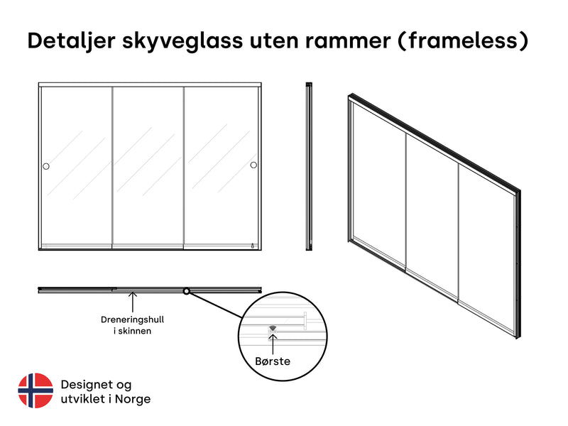 Detaljer skyveglass uten rammer til pergolux crystal utestue